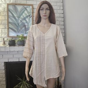 Leopards & Roses tunic top Medium gray tan assymetrical patchwork half sleeves